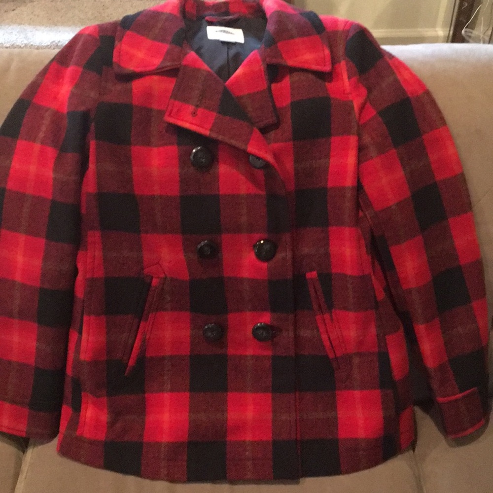 Lumberjack print pea coat